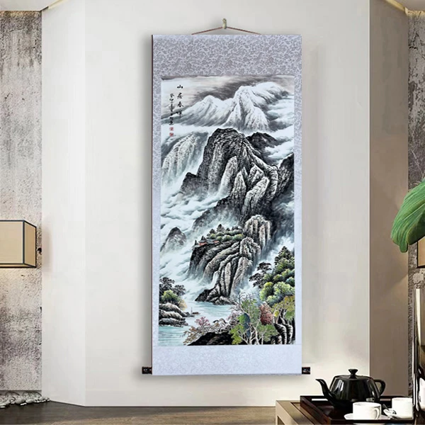 四尺竖《山居春晖》客厅书房茶室国风山水图挂画纯手工装裱