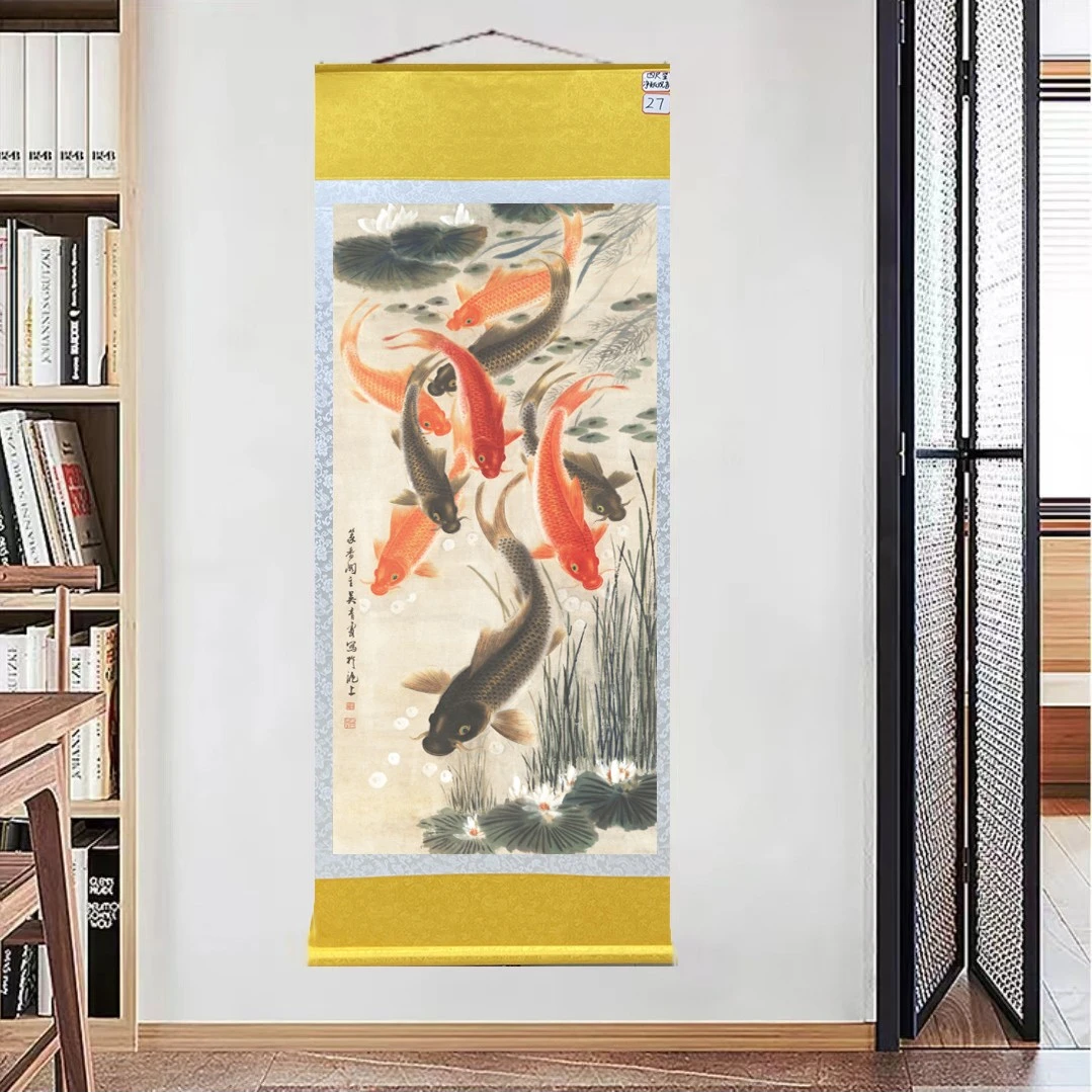 小轴《九鱼图》客厅书房茶室国风山水画挂画纯手工装裱