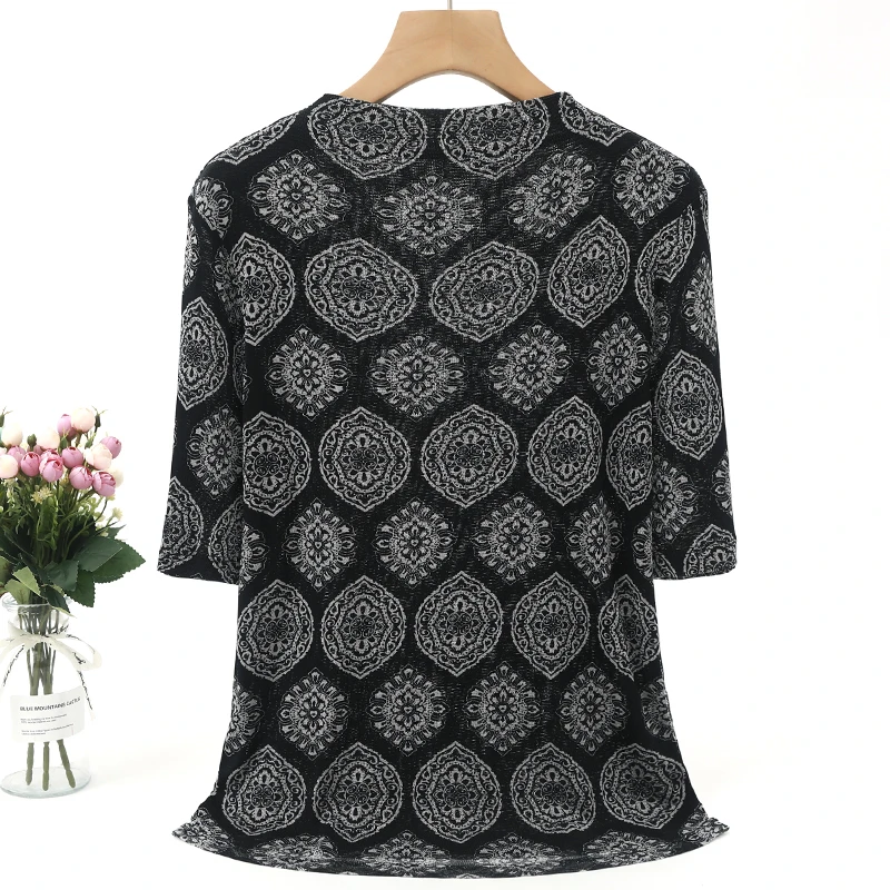 LANZIBES/蓝之蓓真丝80克网纱自由领五分袖印花小衫网眼上衣M6447