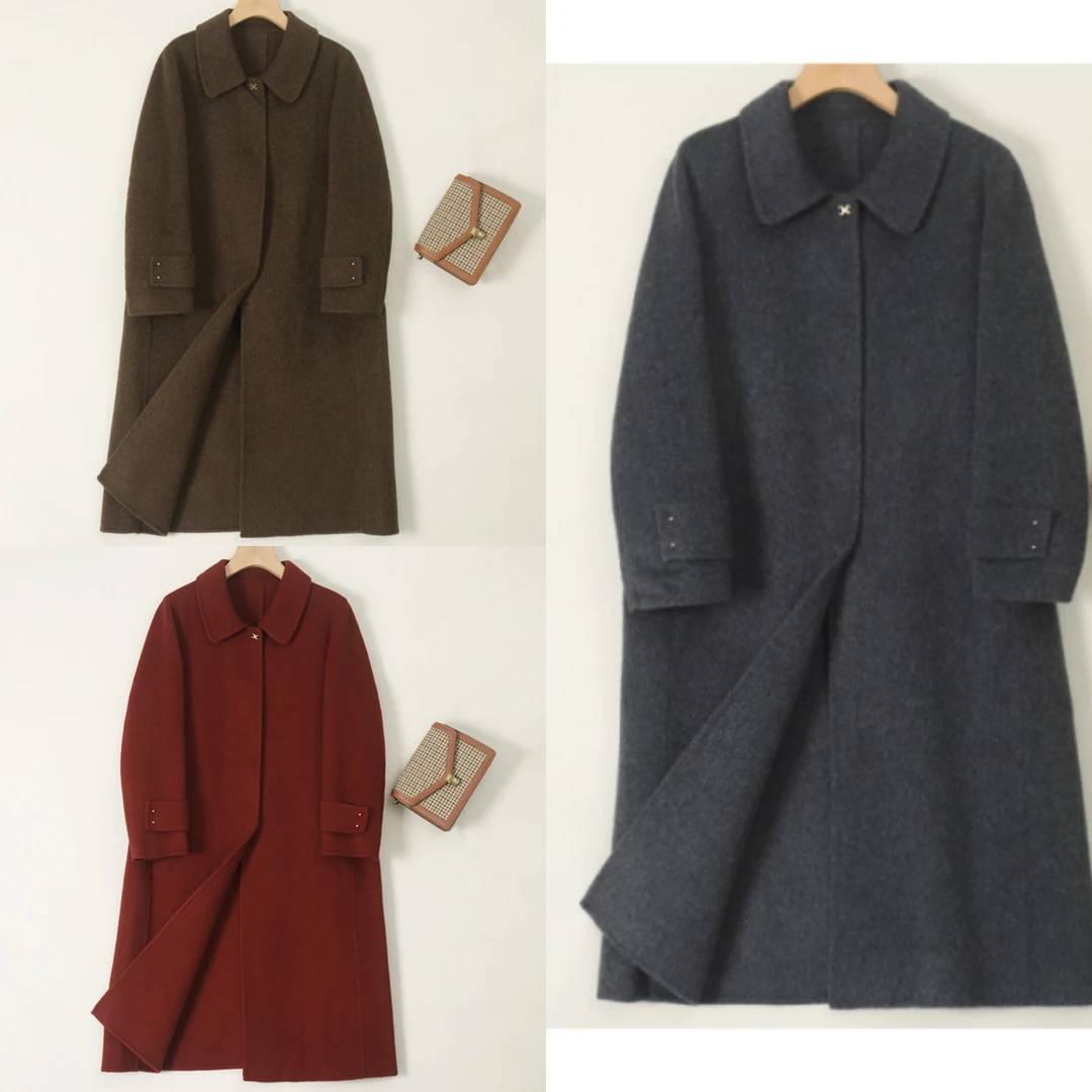 冬季新品羊毛混纺长袖开衫外套女士纯色百搭长款毛呢大衣C7911