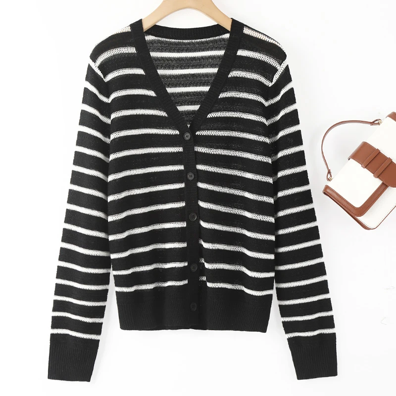 真丝混纺条纹开衫长袖时尚气质V领单排扣上衣女士百搭通勤C7158