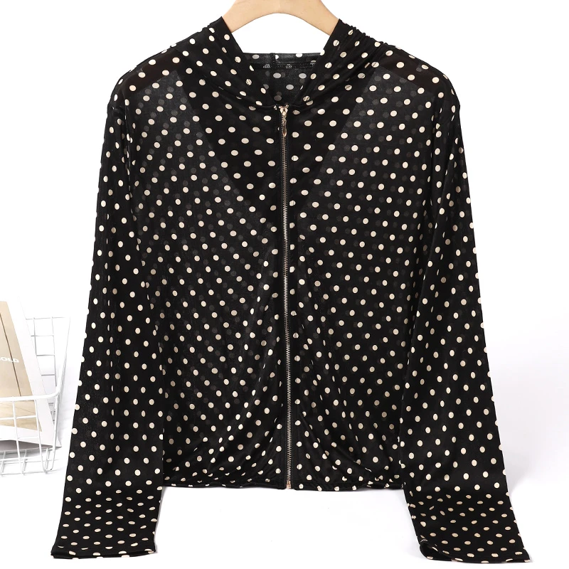 LANZIBES/蓝之蓓真丝42针桑蚕丝波点连帽休闲开衫拉链外套C5664
