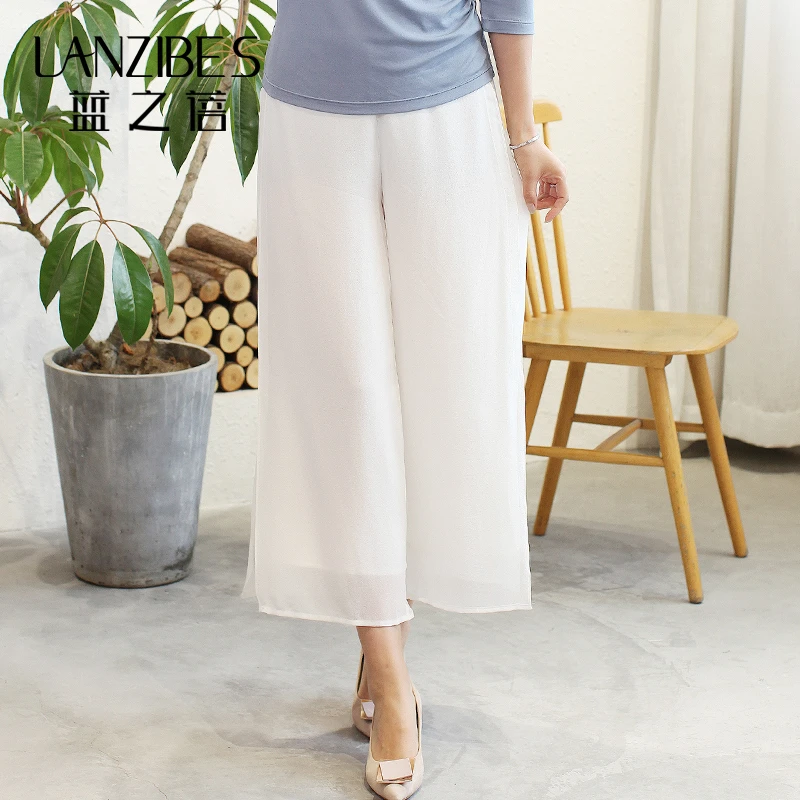 真丝双绉阔腿裤夏季松紧腰纯色直筒裤双层桑蚕丝休闲女长裤E1252