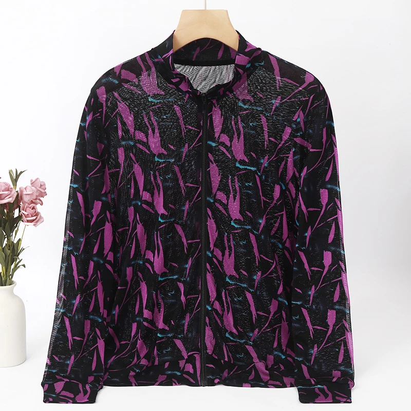 LANZIBES/蓝之蓓真丝网纱印花长袖拉链衫桑蚕丝通勤休闲上衣C6849