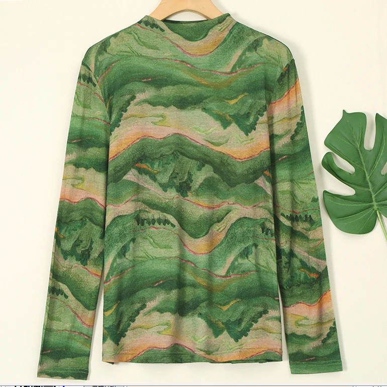 LANZIBES/蓝之蓓秋冬薄款美丽诺羊毛时尚印花长袖套头上衣C7732