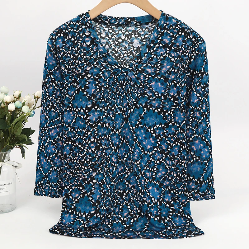 LANZIBES/蓝之蓓真丝气质V领七分袖上衣时尚印花套头T恤Z6807