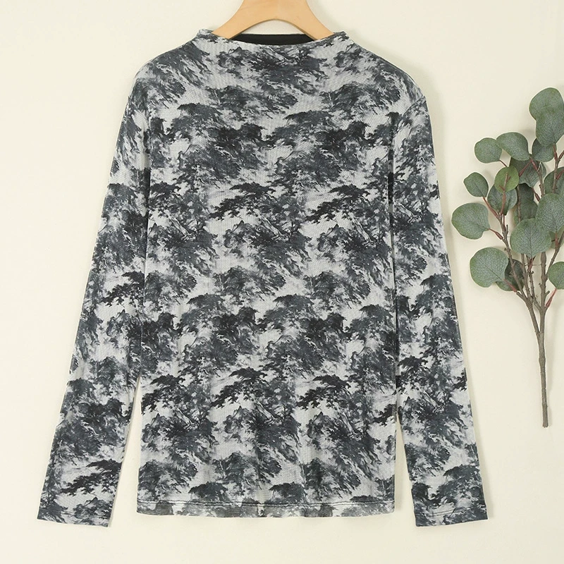 LANZIBES/蓝之蓓时尚印花自由领桑蚕丝100克网纱长袖套头T恤C7912