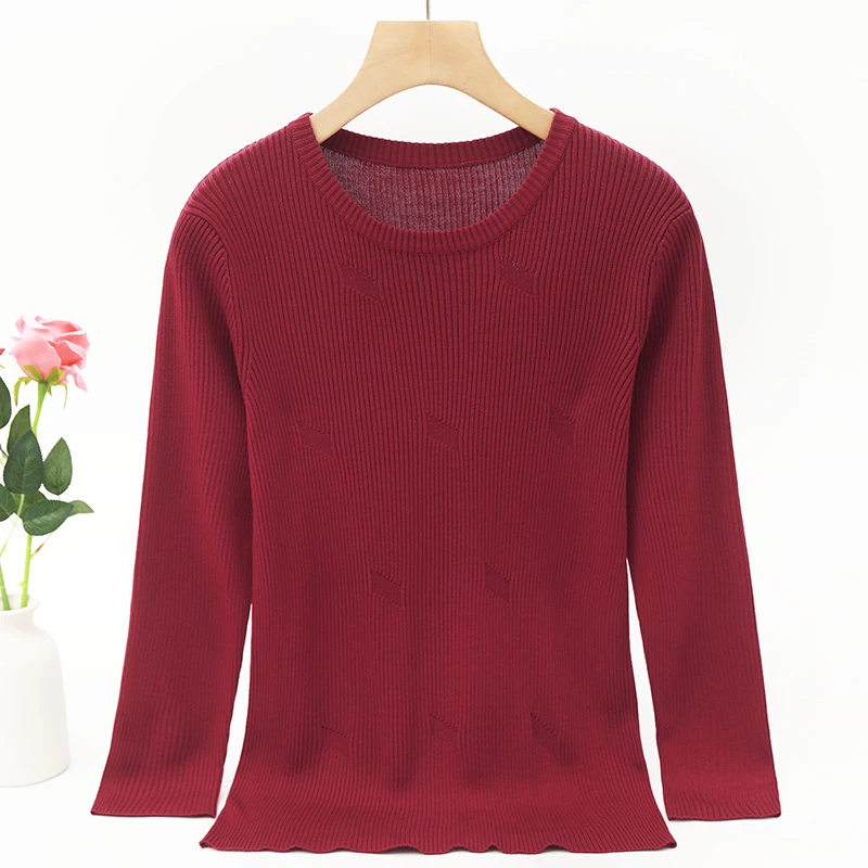 LANZIBES/蓝之蓓圆领螺纹针织衫纯色内搭外穿九分袖打底上衣C6151