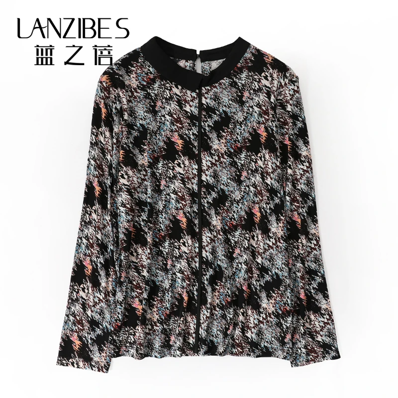 LANZIBES/蓝之蓓真丝气质翻领长袖打底复古印花套头T恤上衣C1616