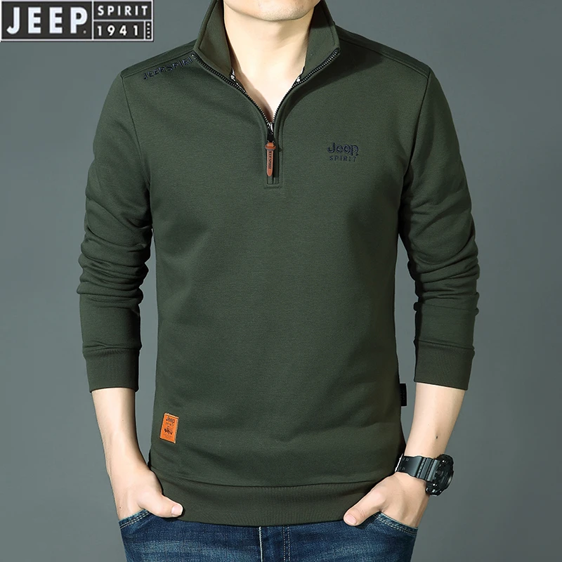 JEEP SPIRIT长袖T恤男秋冬新款半拉领T恤衫纯色上衣