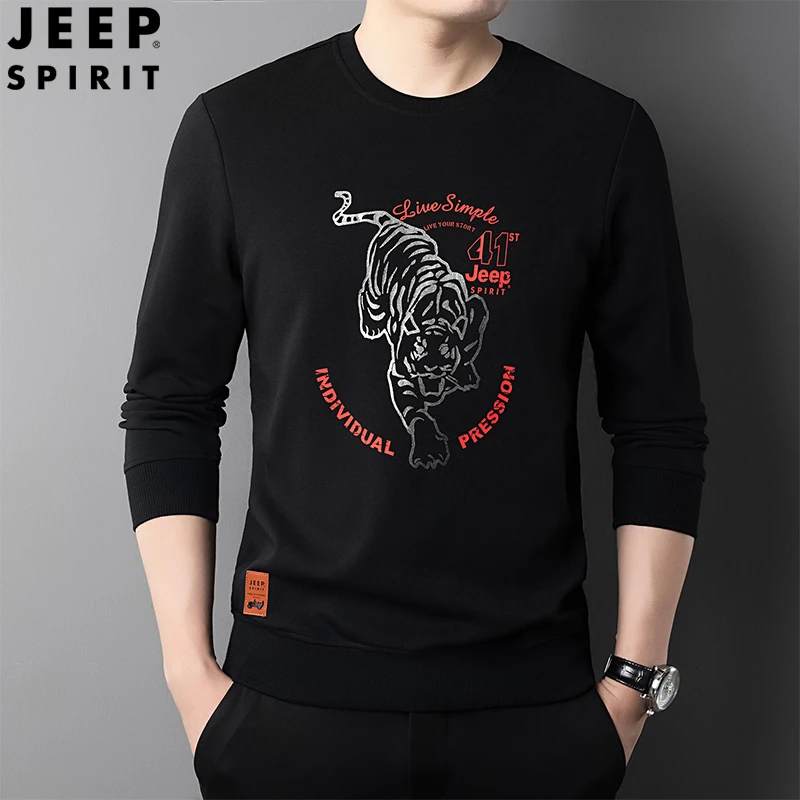 JEEP SPIRIT圆领卫衣男春秋季新款印花长袖打底衫大码t恤宽松潮