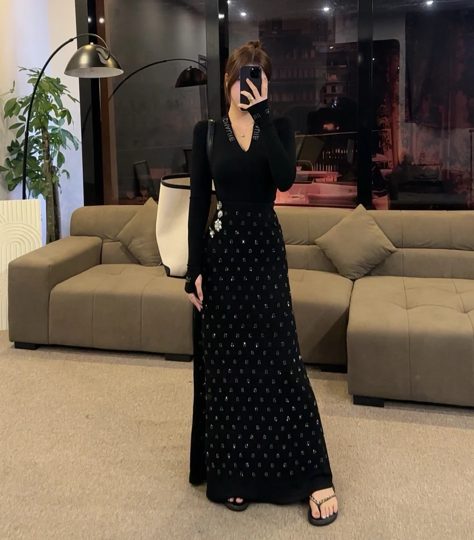 【OS&oneshow】新款时尚赫本烫钻高腰半身裙秋季半身裙两件套