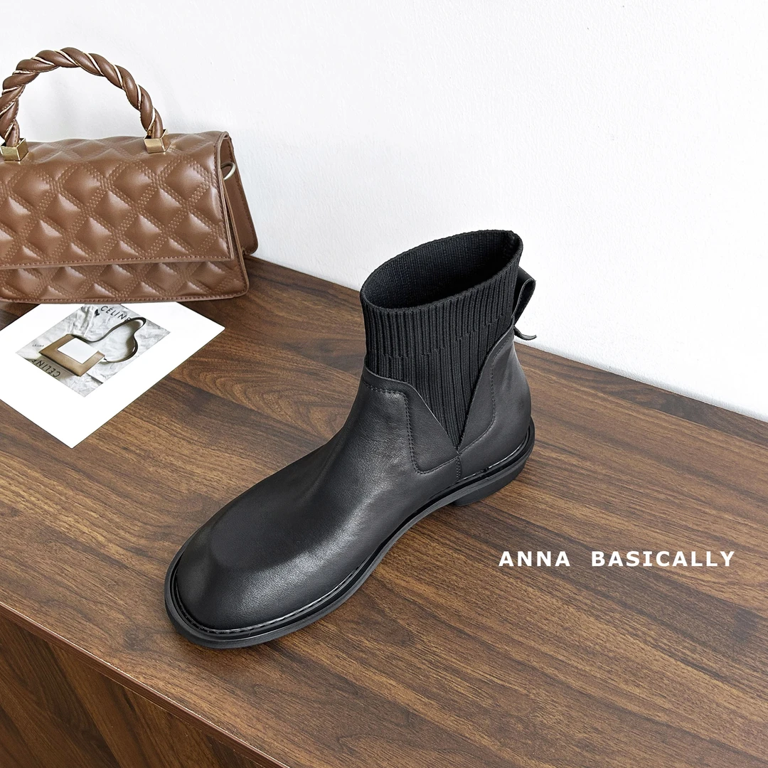 现货3cm/1560牛皮平跟短靴女2024秋冬圆头弹力袜靴显瘦马丁靴