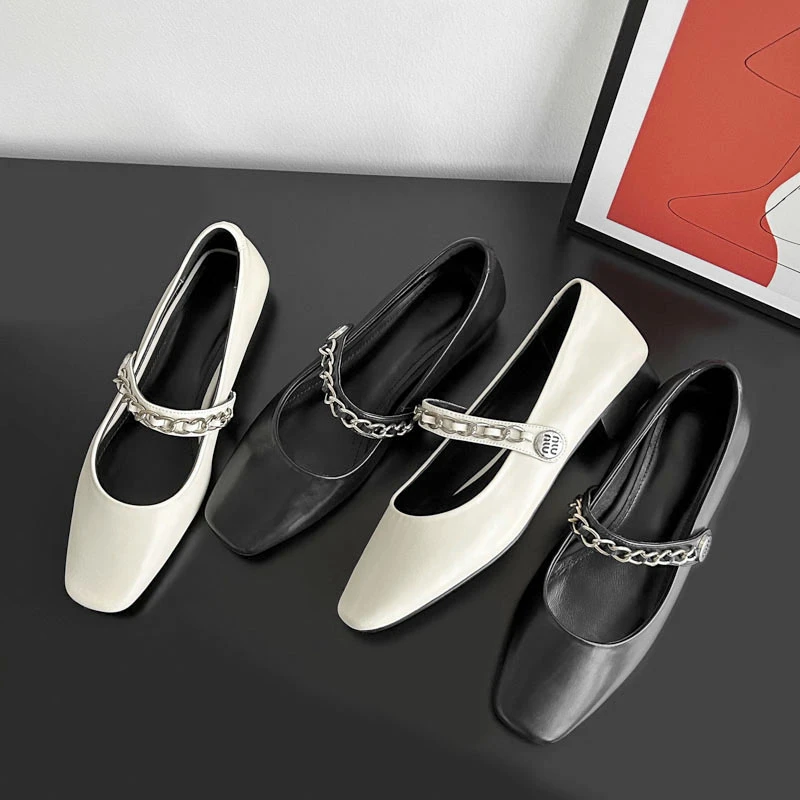 现货浮力XW921/2.5cm牛皮平底单鞋女春夏季方头浅口粗跟玛丽珍鞋