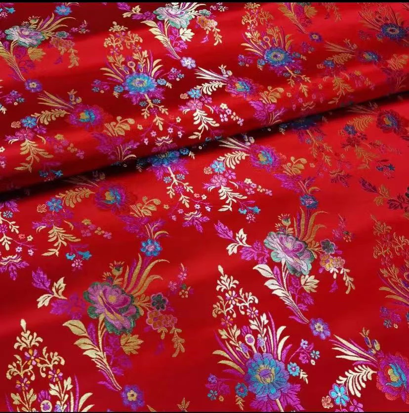 海棠花织锦缎服装面料布料红色国风汉服高档和服唐装旗袍丝绸布料