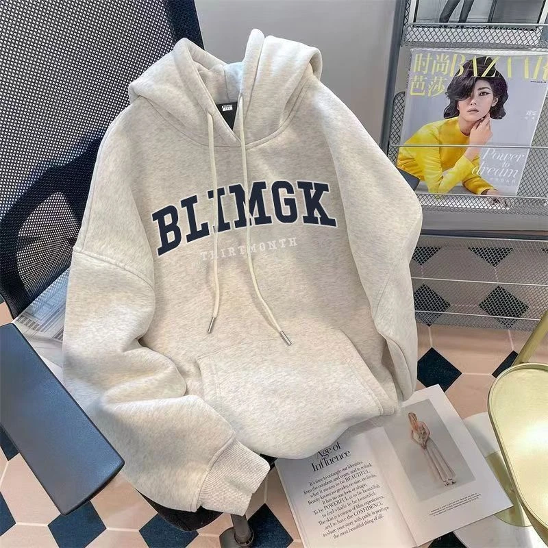 街头潮流男女童连帽卫衣复古字母印花洋气休闲中大童加绒宽松上衣