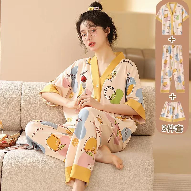 【宠粉专属】3件套夏季睡衣女短袖长裤开衫加大宽松家居服套装710