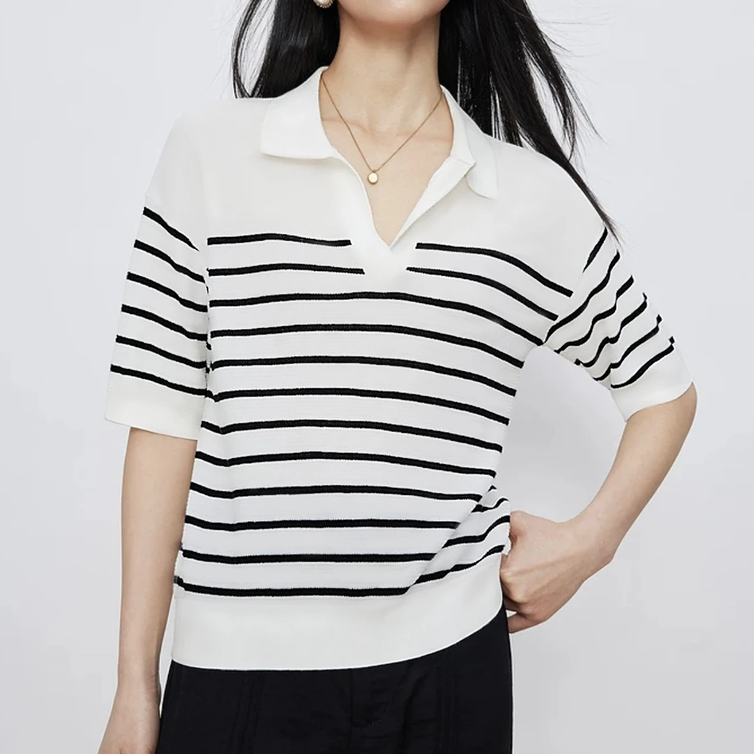 夏季薄款天丝莱赛尔轻奢条纹半袖针织衫2025polo领小香风显瘦上衣