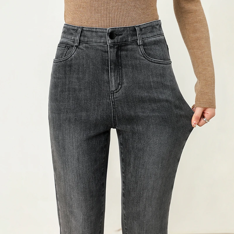 雅思诚烟灰色牛仔裤女春秋2023新款高腰长裤秋季大码烟管直筒裤子