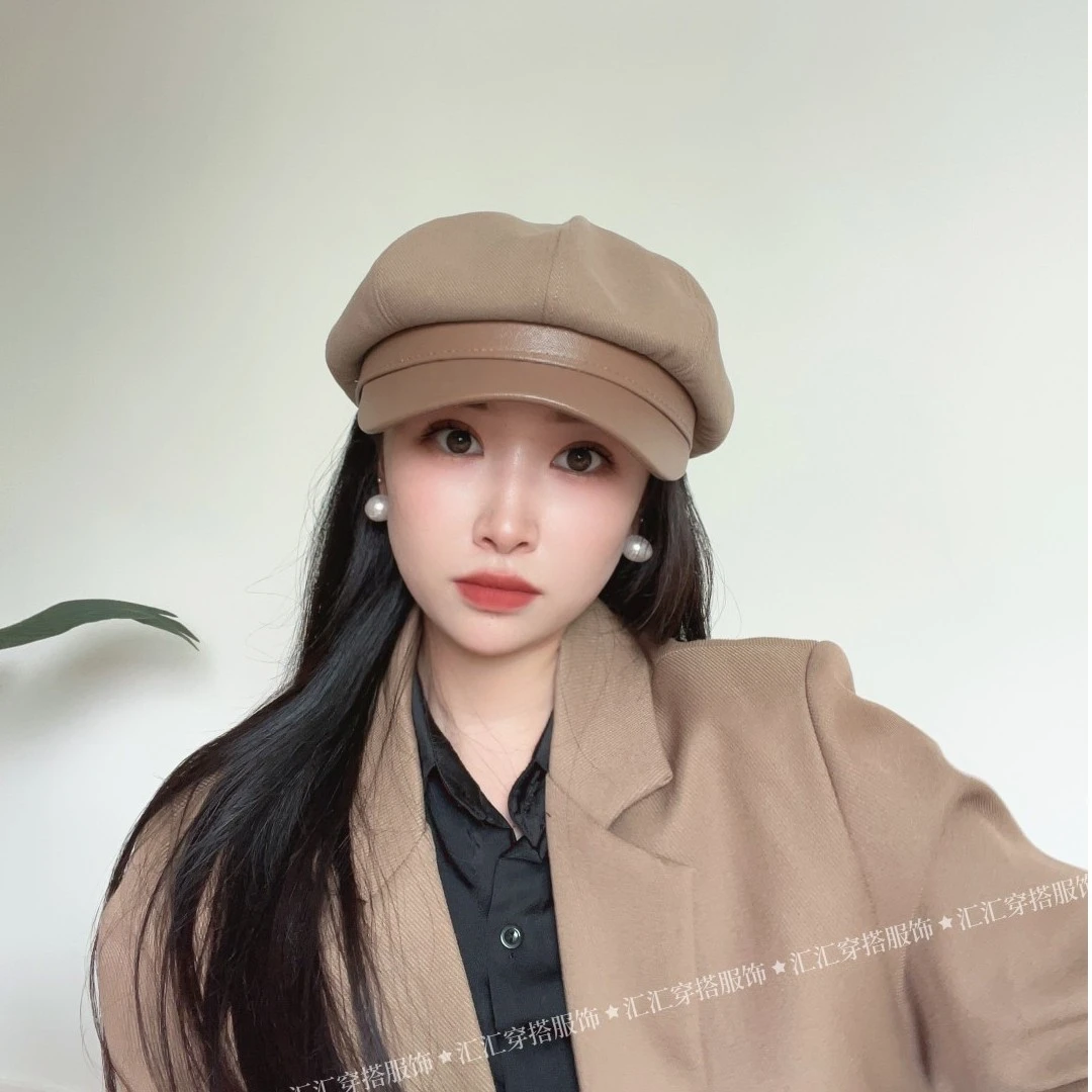 英伦风~25年新款拼接皮质八角女时尚报童帽子秋冬百搭复古画家帽