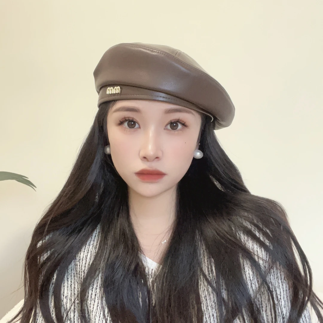 美拉德色～百搭秋款皮贝雷帽，百搭咖色皮帽