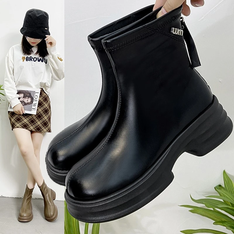 马丁靴女靴冬款加绒短靴粗跟厚底瘦瘦靴英伦风简约通勤法式女棉靴