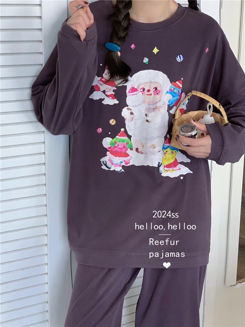 Reefur Rinka梨花家新款圆领甜美可爱印花森林小伙伴宽松长袖套装