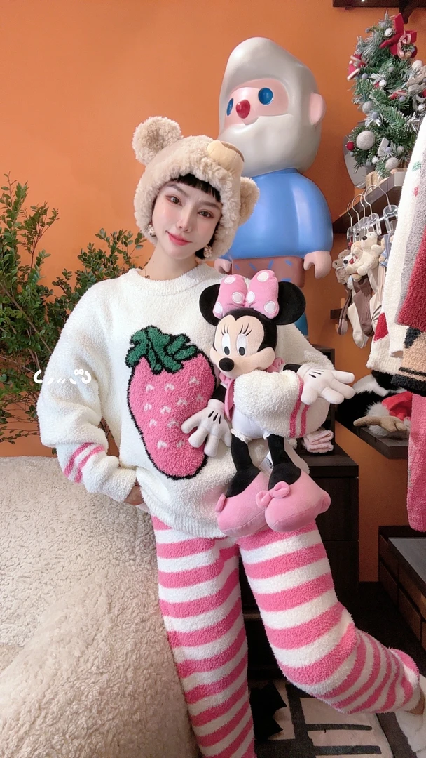 草莓睡衣女秋冬季甜美风软绵绵加厚加绒半边绒家居服可外穿