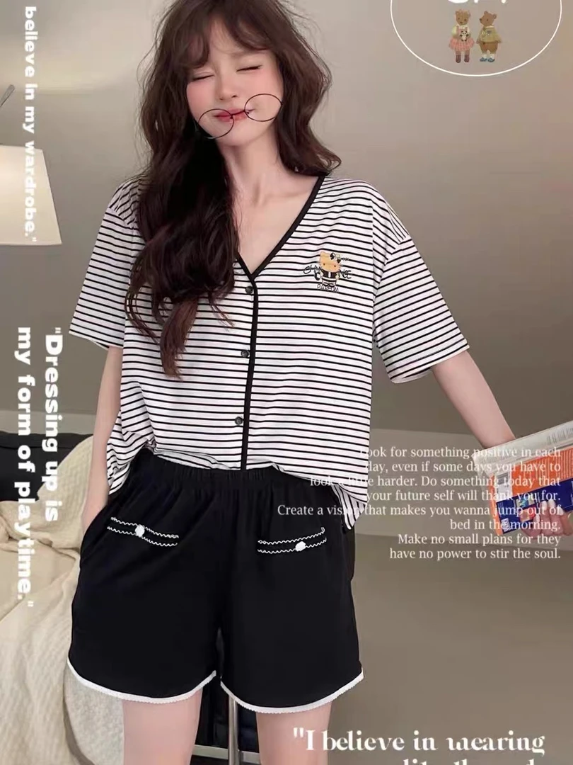 小熊家正品夏季短袖短裤家居服薄款休闲条纹睡衣学生家居服