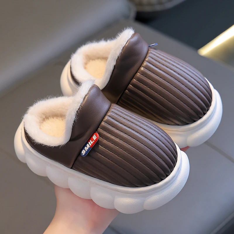 儿童棉鞋秋冬2023新款男童女孩宝宝防滑保暖PU皮包跟棉拖鞋防水