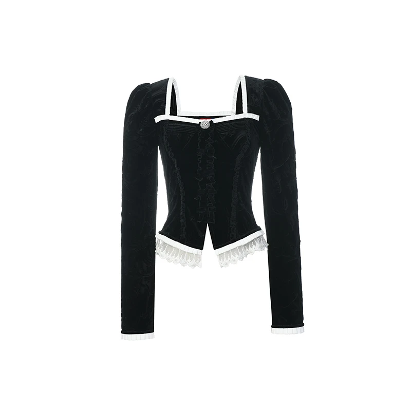 LeFame/拉飞姆经典线秋优雅宫廷风丝绒压花修身上衣FF24Q51SB200