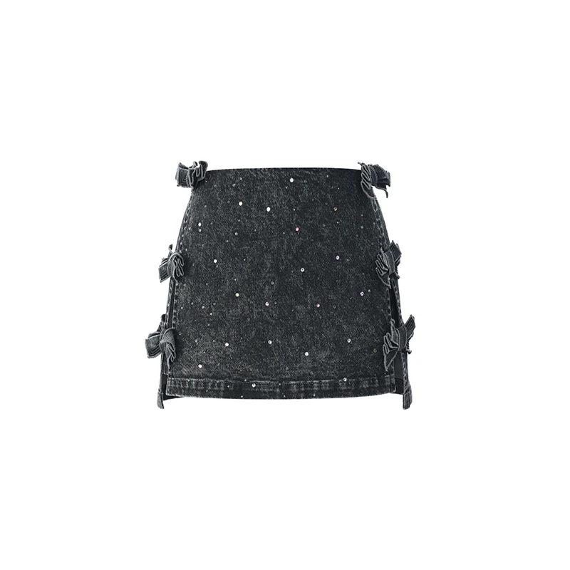 夏季新品花灰蝴蝶结烫钻梭织半裙LF24X61NS318