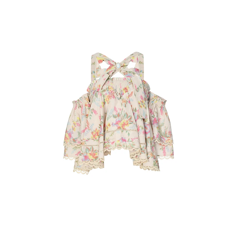 夏露肩挂脖印花上衣短款娃娃摆 LF24X31SB004