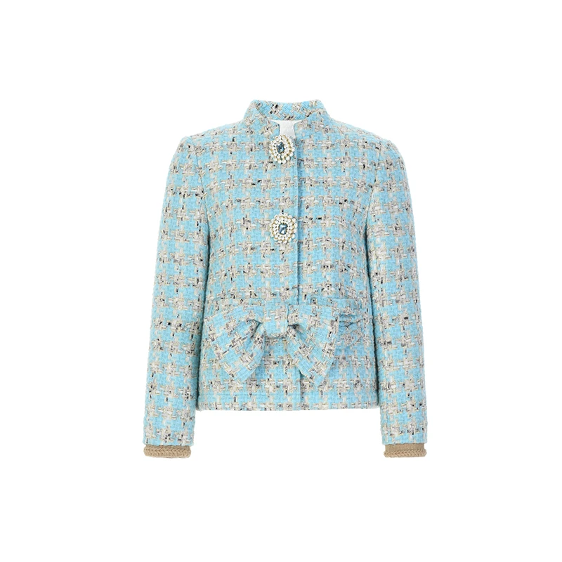 LeFame/拉飞姆冬蓝白绞花拼接蝴蝶结粗花呢外套LF24D41SC121