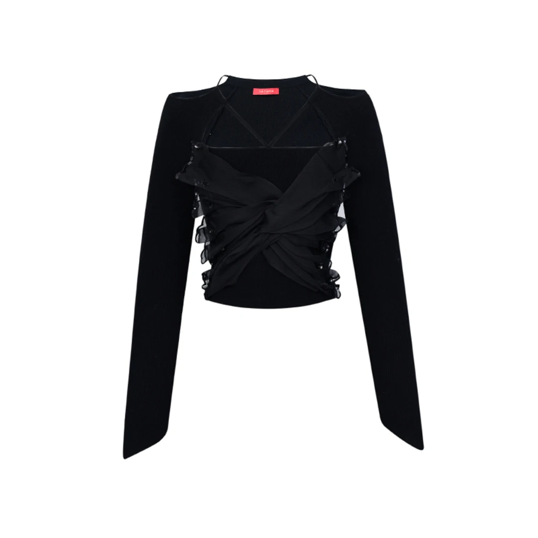 LeFame/拉飞姆2022冬蝴蝶造型针梭织拼接收腰毛衫LF22D12ZB01B119