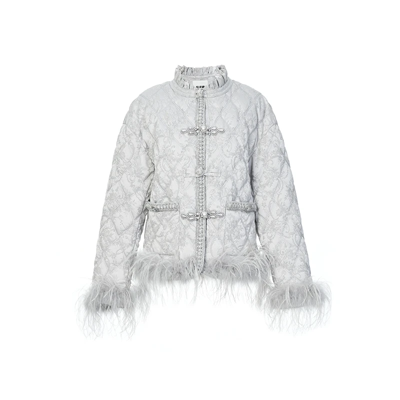 LeFame/拉飞姆灰色羽毛中式盘扣羽绒服女LF24D31DC258