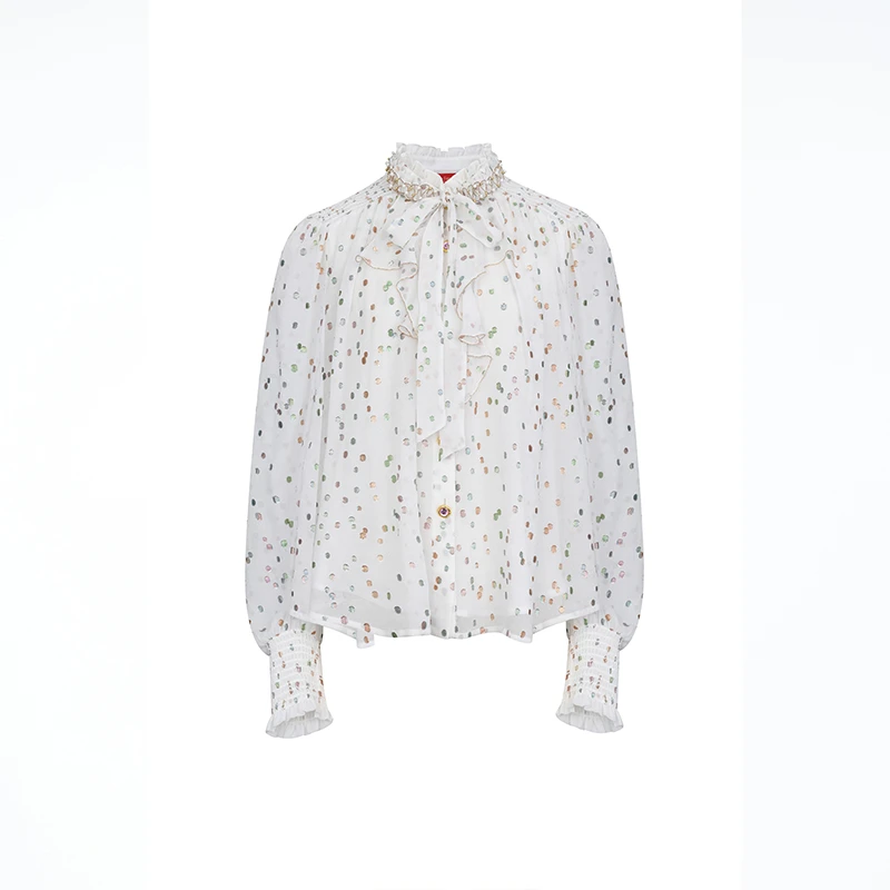 LeFame/拉飞姆2023年冬季盘绣拉夫领荷叶边雪纺上衣LF23D21SB010