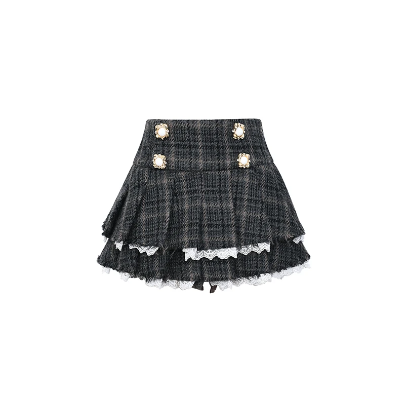 LeFame/拉飞姆2023秋新品百搭灰色格子毛百褶半裙LF23Q41S19S049