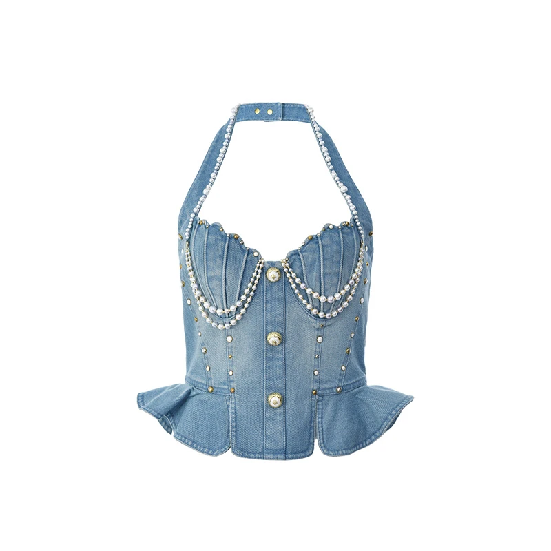 贝壳胸衣双扣牛仔挂脖上衣LF24X21NB002