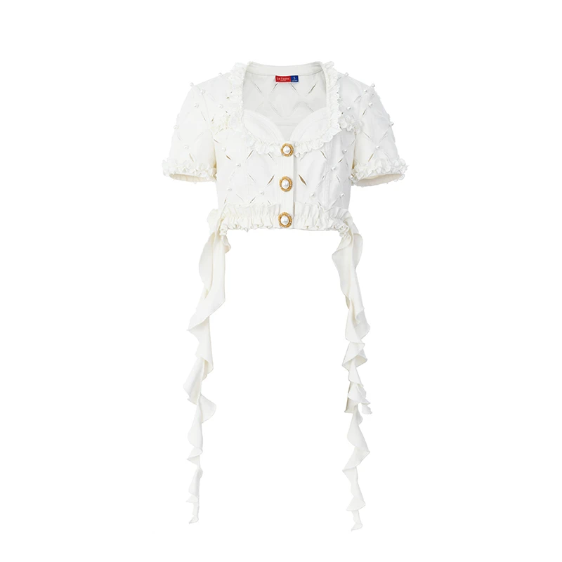 2024夏季新品菱形格镂空破洞牛仔外套LF24X41NC189