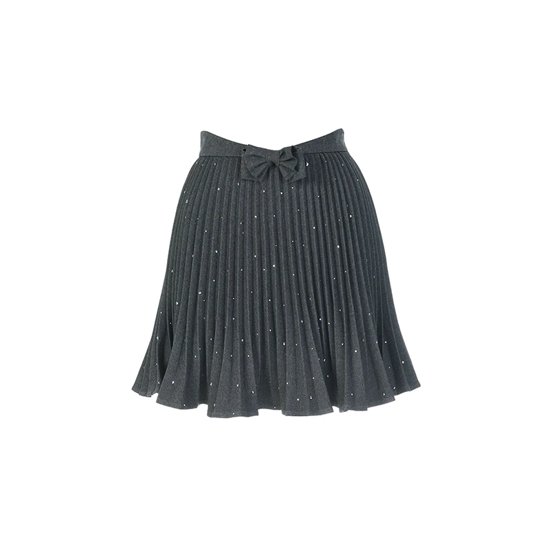 LeFame/拉飞姆冬季烫钻蝴蝶结波浪摆压褶半裙