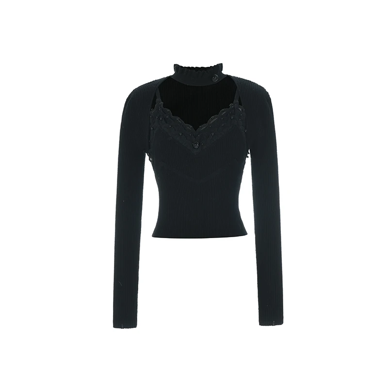 LeFame/拉飞姆冬季假两件修身心机感黑色打底衫