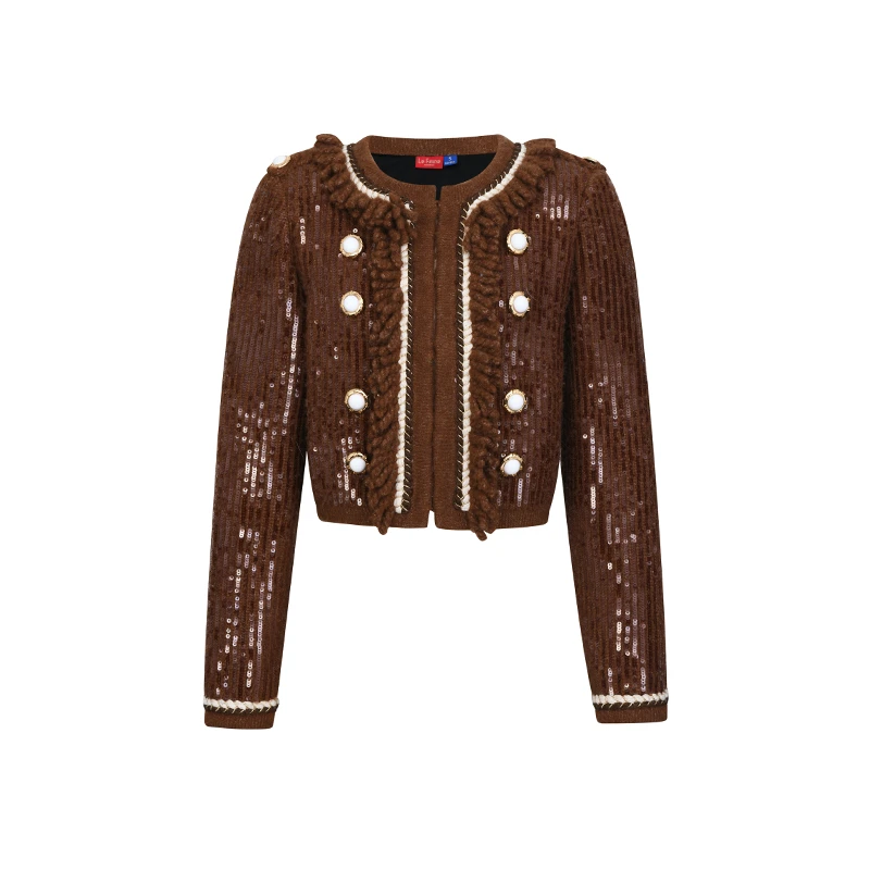 2023年冬季亲适珠片点缀流苏毛织开衫LF23D21ZM094