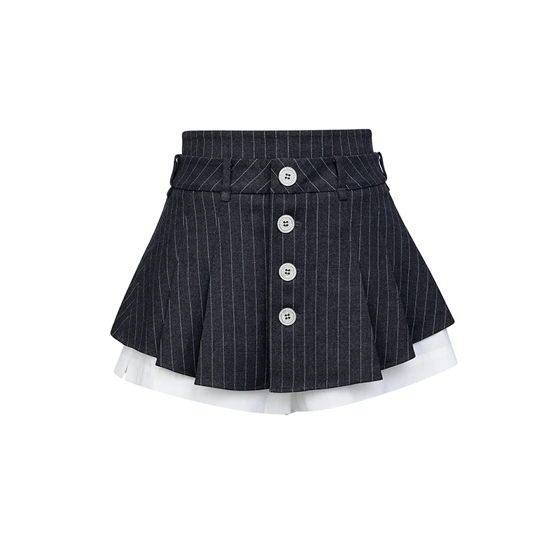 2022秋荷叶摆深灰条纹撞色百褶半裙LF22Q11S06S052