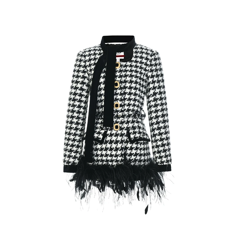 LeFame/拉飞姆千鸟格中长外套毛料大衣女LF24D31SC312