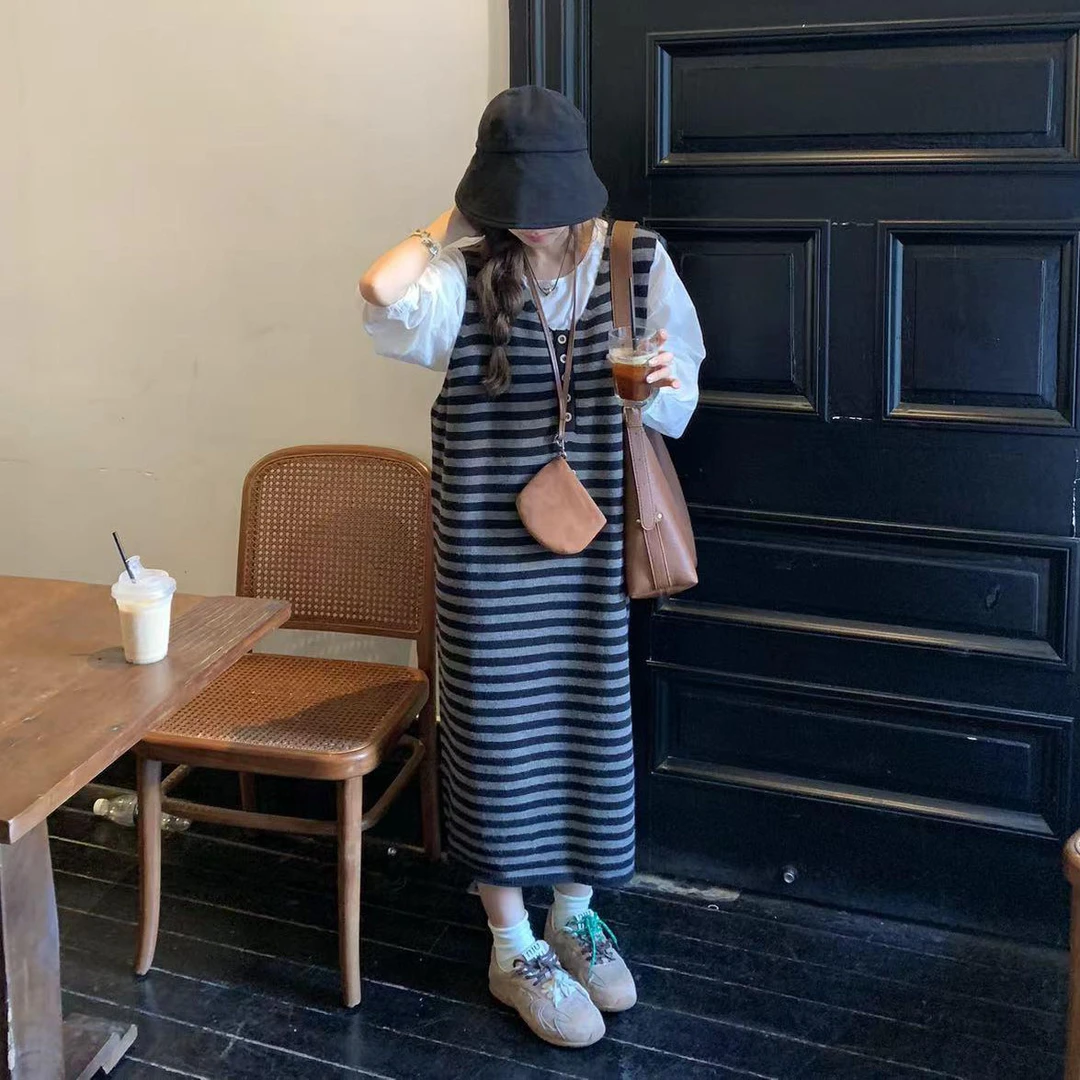 大码女装慵懒风条纹针织连衣裙秋季新款宽松显瘦上衣毛衣背心长裙