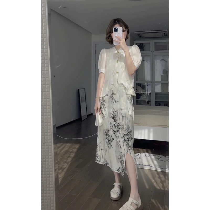 大码女装夏装新中式古风时尚洋气韩版气质复古国风上衣半身裙夏季