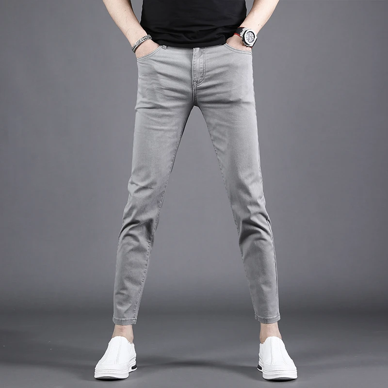 灰色九分牛仔裤男款修身小脚弹力爆款2025新款夏季薄款休闲裤子男