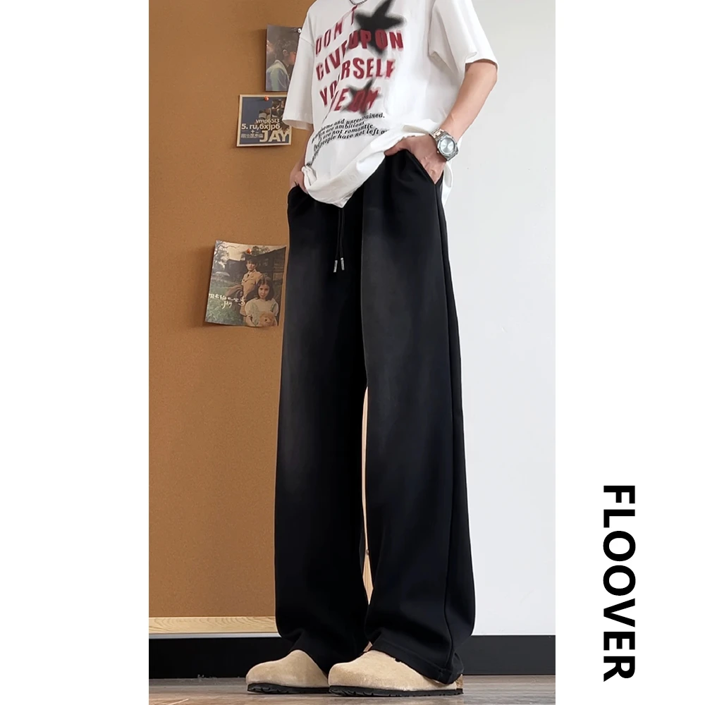 水洗做旧男裤百搭宽松黑色休闲裤青少年直筒卫裤长裤男士大码男生
