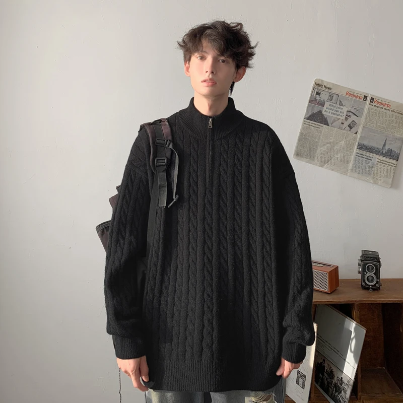 秋冬季半高领拉链毛衣慵懒感套头长袖毛衣男针织衫百搭黑色外套